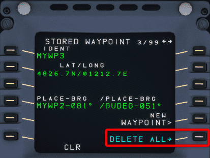 MCDU DATA Stored Waypoint CLR ALL